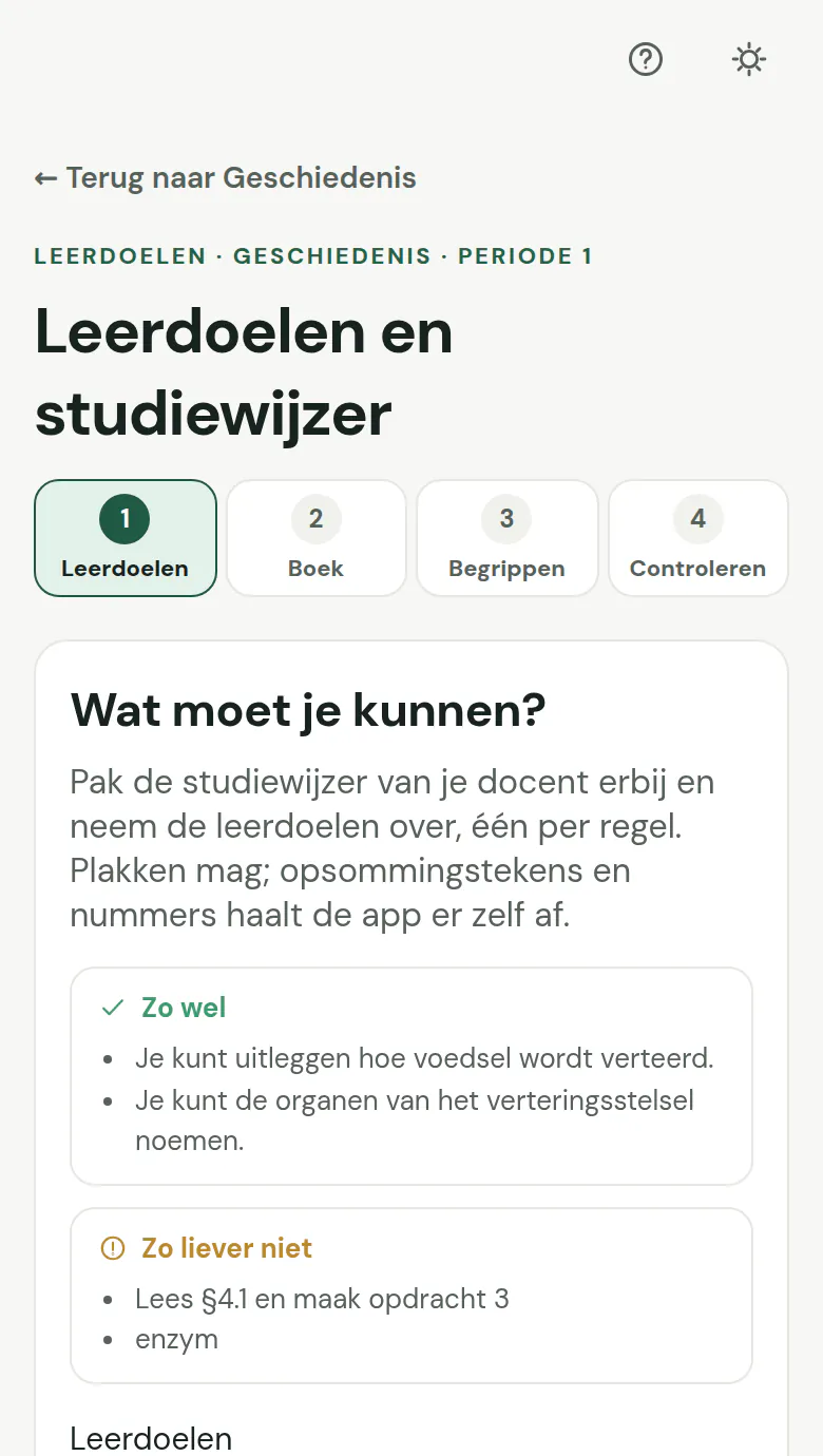 De leerdoelen van Geschiedenis voor periode 1, overgenomen uit de studiewijzer, zoals: Je kunt uitleggen welke oorzaken hebben bijgedragen aan de Industriële Revolutie.