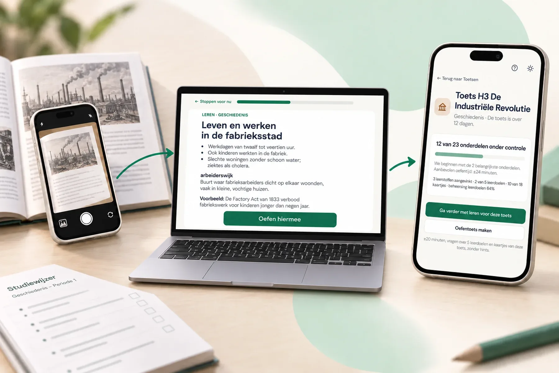 Zo werkt Doelgericht: je fotografeert een pagina uit je schoolboek, krijgt op de laptop uitleg bij precies die stof (Leven en werken in de fabrieksstad) en ziet op je telefoon hoeveel van je toets je al onder controle hebt: 12 van 23 onderdelen.
