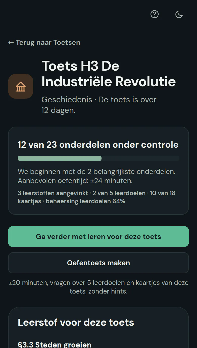 De toets over de Industriële Revolutie, over 12 dagen: 12 van 23 onderdelen onder controle, met de knop Ga verder met leren voor deze toets.