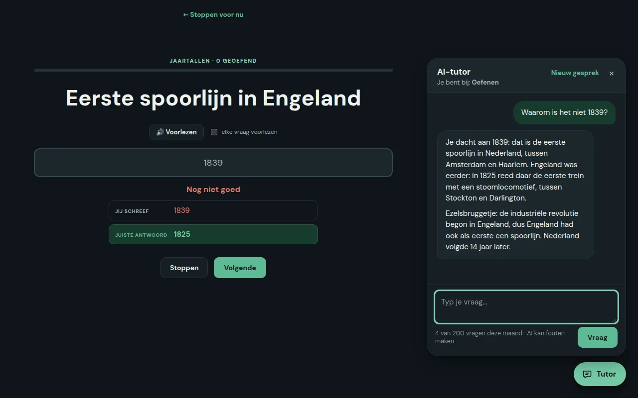 De AI-tutor naast een oefenvraag: de leerling schreef 1839 bij Eerste spoorlijn in Engeland, de tutor legt uit dat 1839 de eerste spoorlijn in Nederland was en Engeland in 1825.